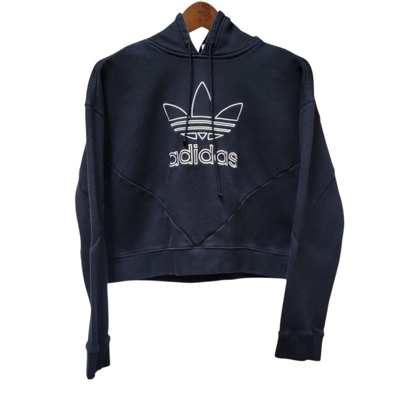 Adidas Embroidered Logo Women's Cropped Top Hoodie Long-Sleeves Sweatshirt Large - Picture 1 of 6